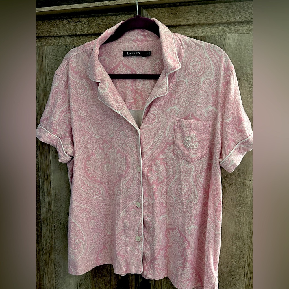 Lauren paisley pink white cotton sleep shirt XL pocket button up classic